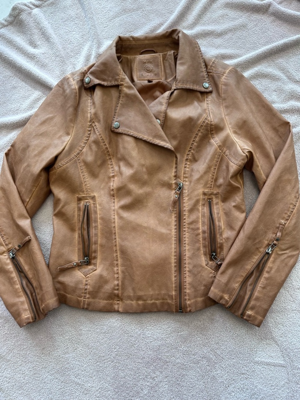Max Studio Cognac Faux Leather Moto Jacket - Picture 4 of 5